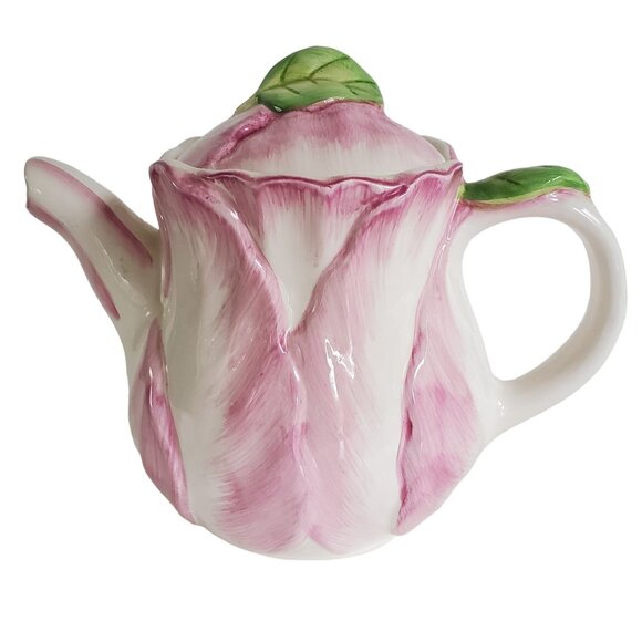 Vintage Teapot The Bombay Company Pink Tulip Ceramic with Lid Taiwan 1992 - Picture 9 of 11